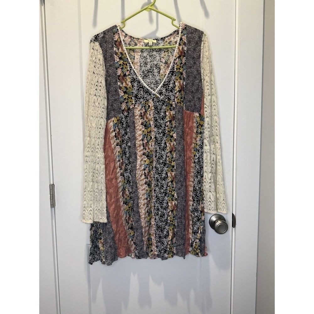 Kori America Boho Patchwork Lace Sleeve Babydoll Dress Women’s Large Tunic